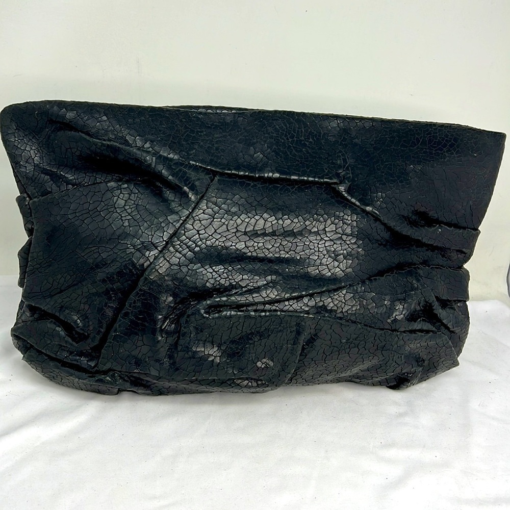 Vintage 90’s XL Crackled Black Leather Soft Zip Clutch Bag